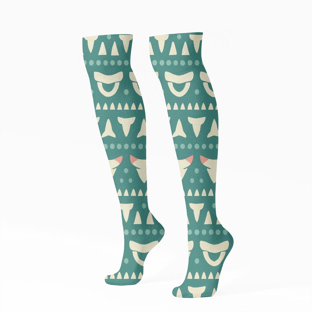 Shark Teeth Mandala Bands On Teal Background stylish athletic knee-high socks