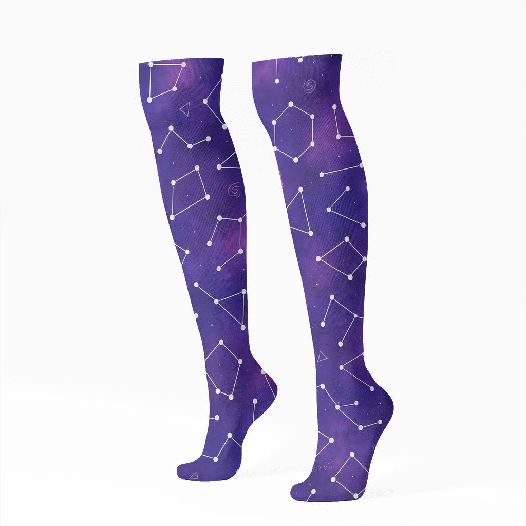 Cosmic Purple Constellation Grid On Nebula Gradient Background premium sports knee-high socks