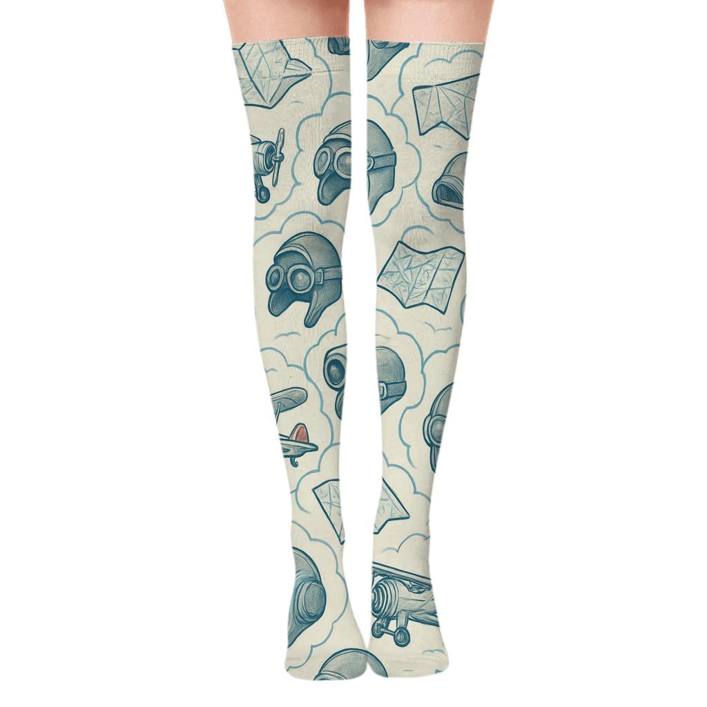 Cloud Lattice With Pilot Maps And Vintage Planes premium cozy over-the-knee socks