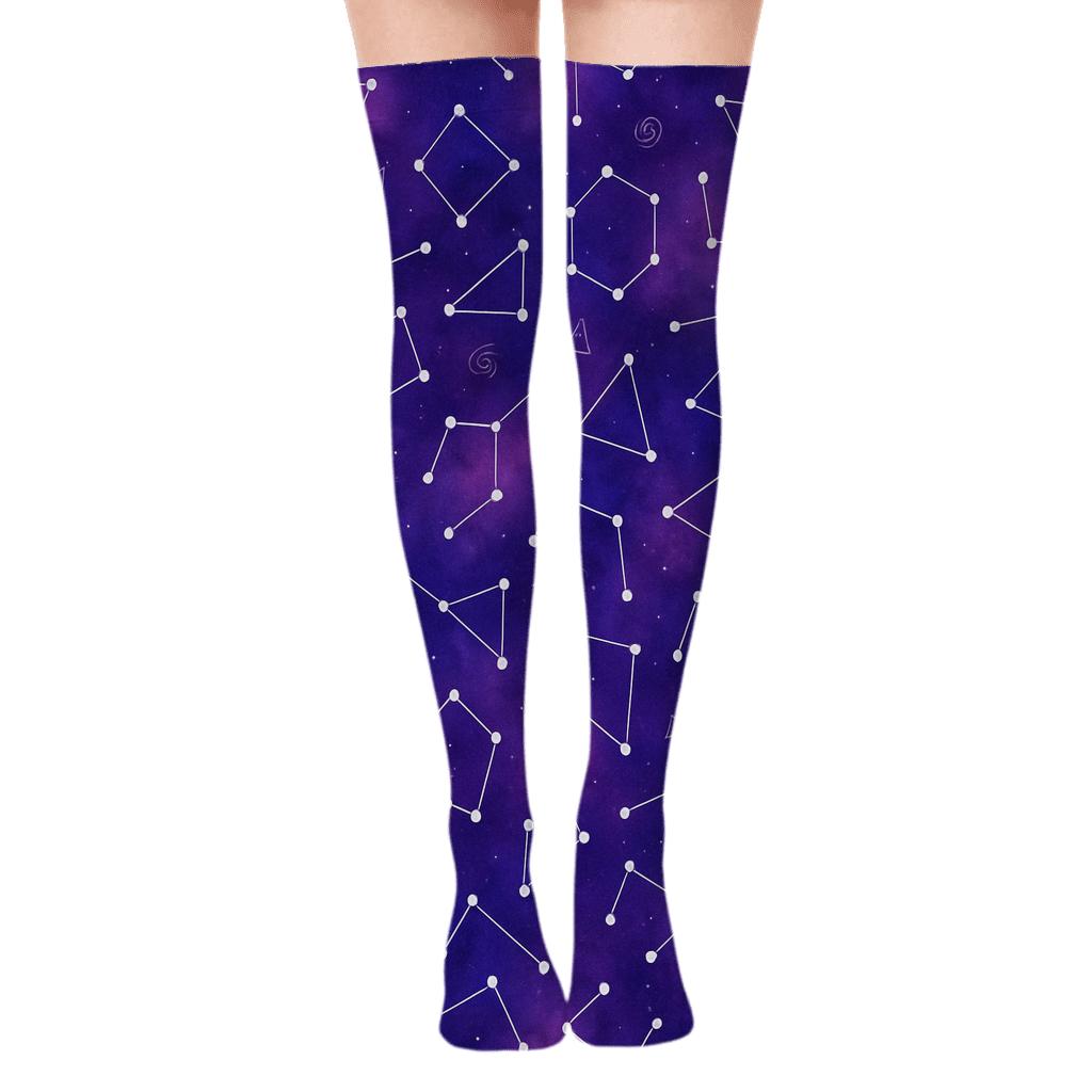 Cosmic Purple Constellation Grid On Nebula Gradient Background trendy patterned over-the-knee socks