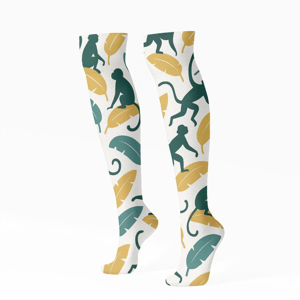 Botanical Grid With Monkey Silhouettes comfortable cotton knee-high socks