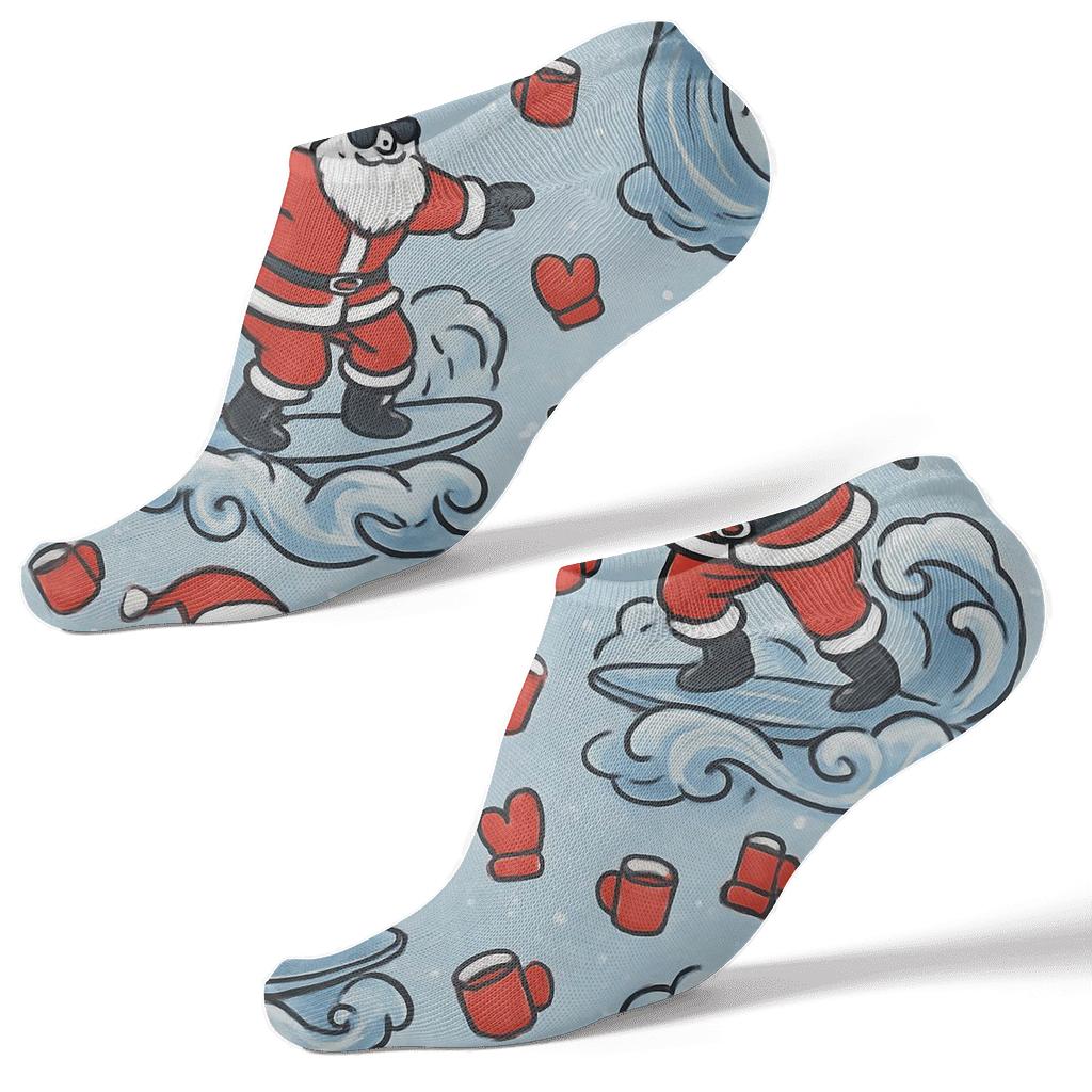 Santa Surfing Holiday Scatter On Icy Blue Field designer print ankle socks