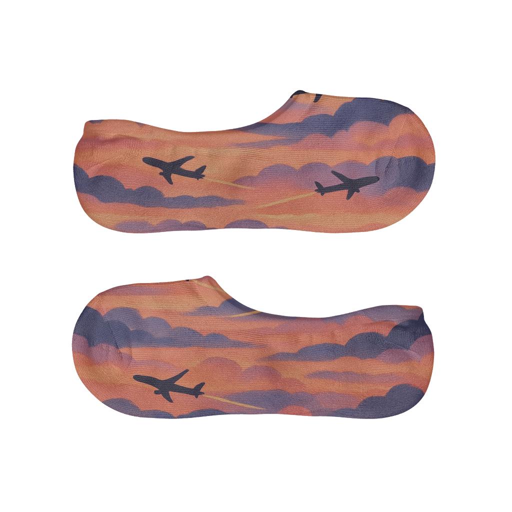 Sunset Sky Study Airplane Wave Repeat soft cotton no-show socks