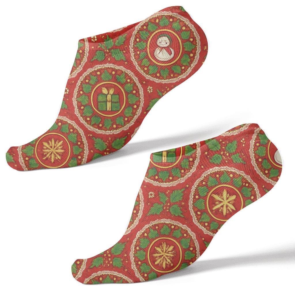 Ornament Concentric Xmas Rosettes On Red custom ankle socks