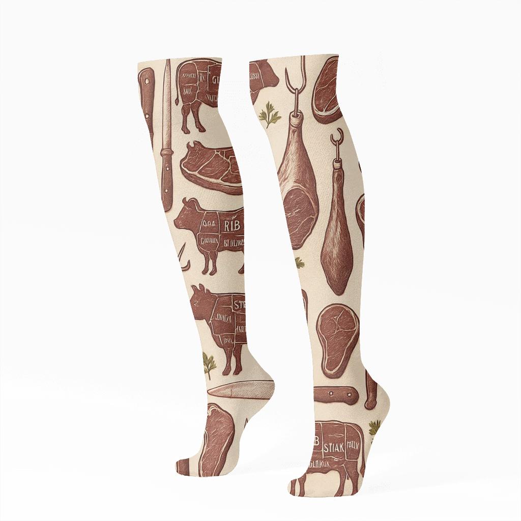 Butcher Shop Collage Tessellation In Crimson trendy patterned knee-high socks