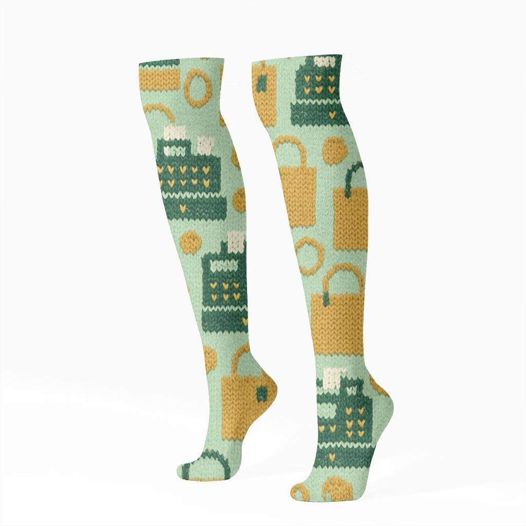 Knitted Cashier Register Lattice On Mint Field soft everyday knee-high socks
