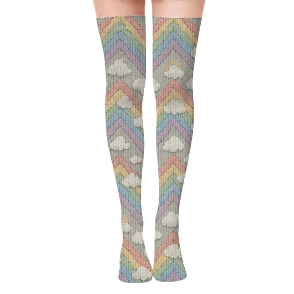 Pastel Knit Illusion Rainbow Chevron Tile comfortable cotton over-the-knee socks