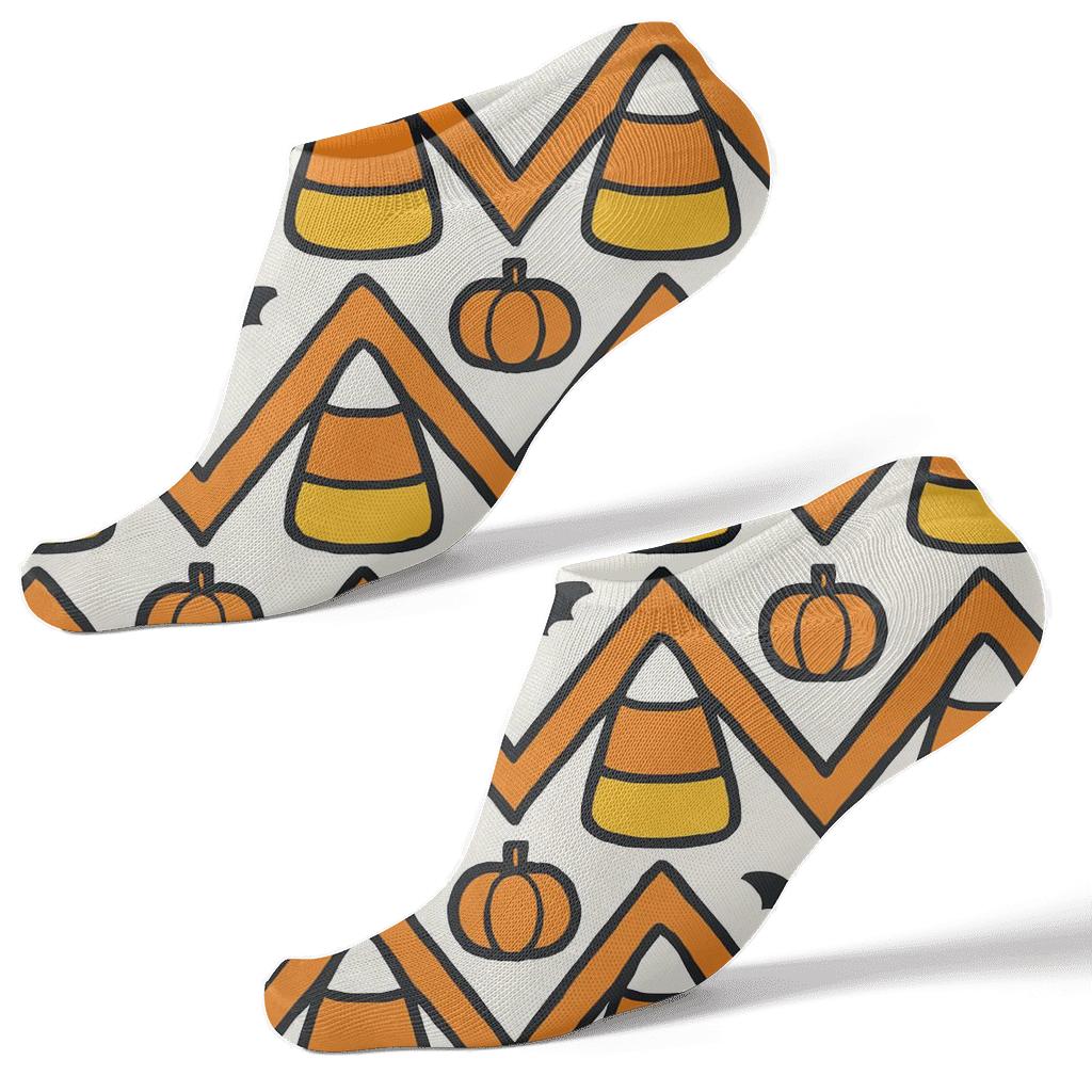 Candy Corn And Pumpkin Zigzag Bands On White Background trendy patterned ankle socks