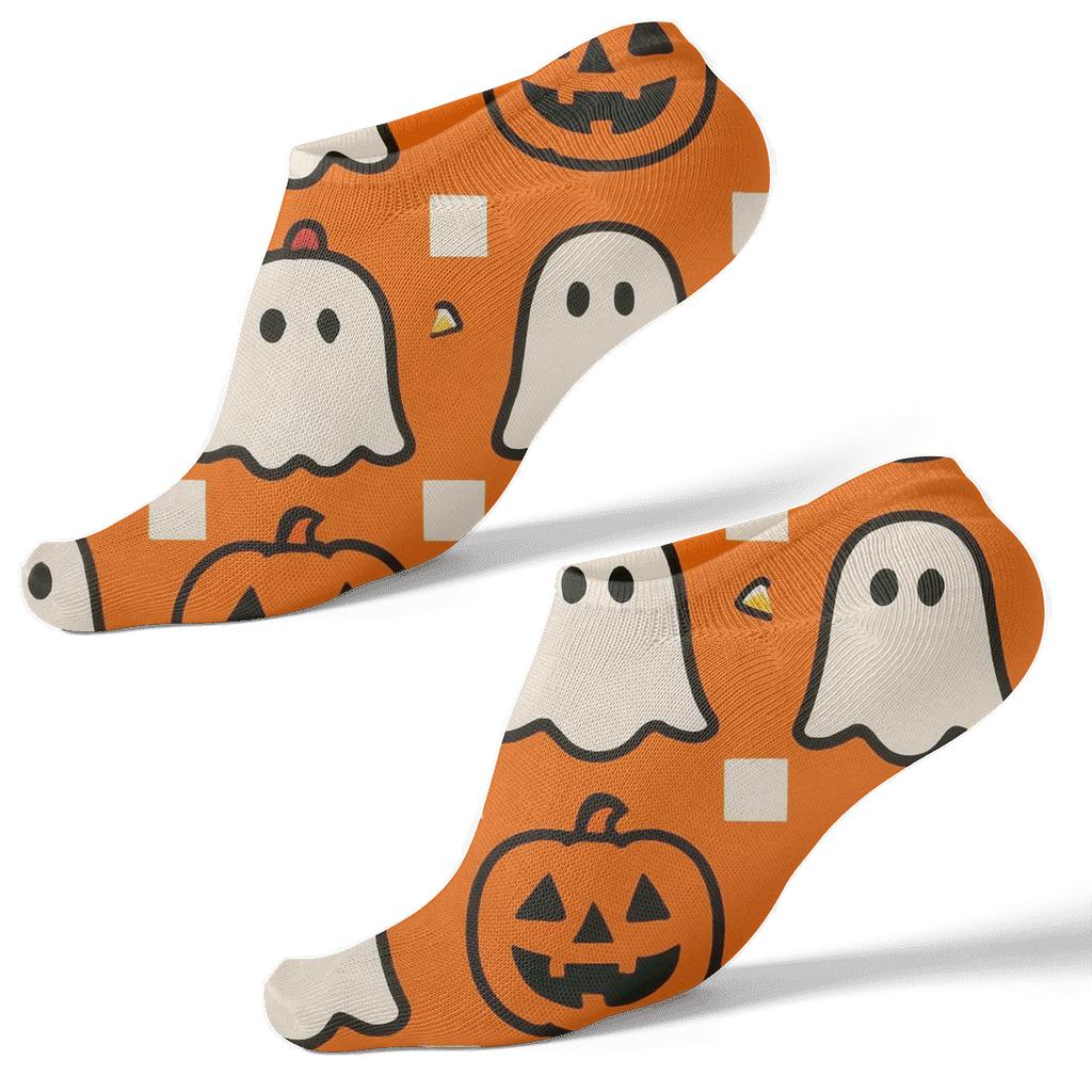 Ghost And Pumpkin Checkerboard On Orange Background custom ankle socks