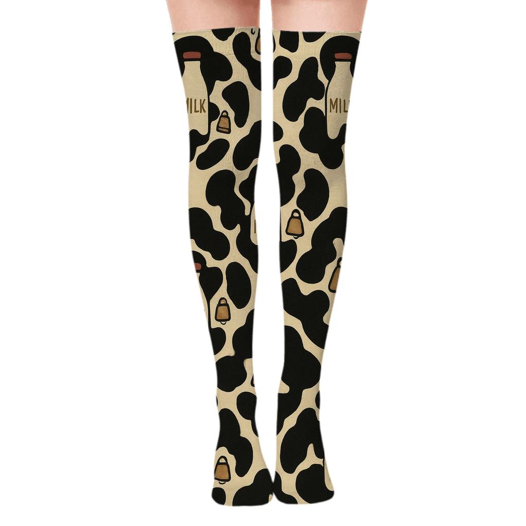 Retro Dairy Label Cow Spot Medallions designer print over-the-knee socks
