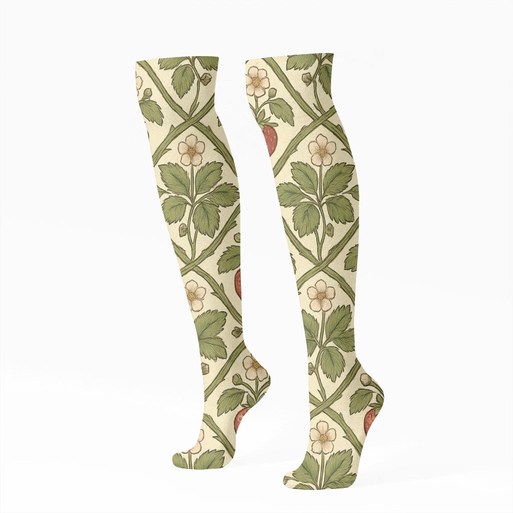 Vintage Botanical Strawberry Vine Lattice On Warm Cream personalized knee-high socks