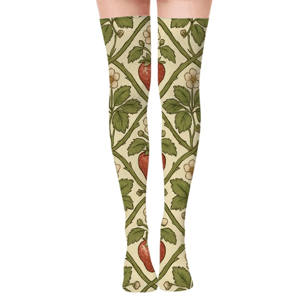 Vintage Botanical Strawberry Vine Lattice On Warm Cream designer print over-the-knee socks