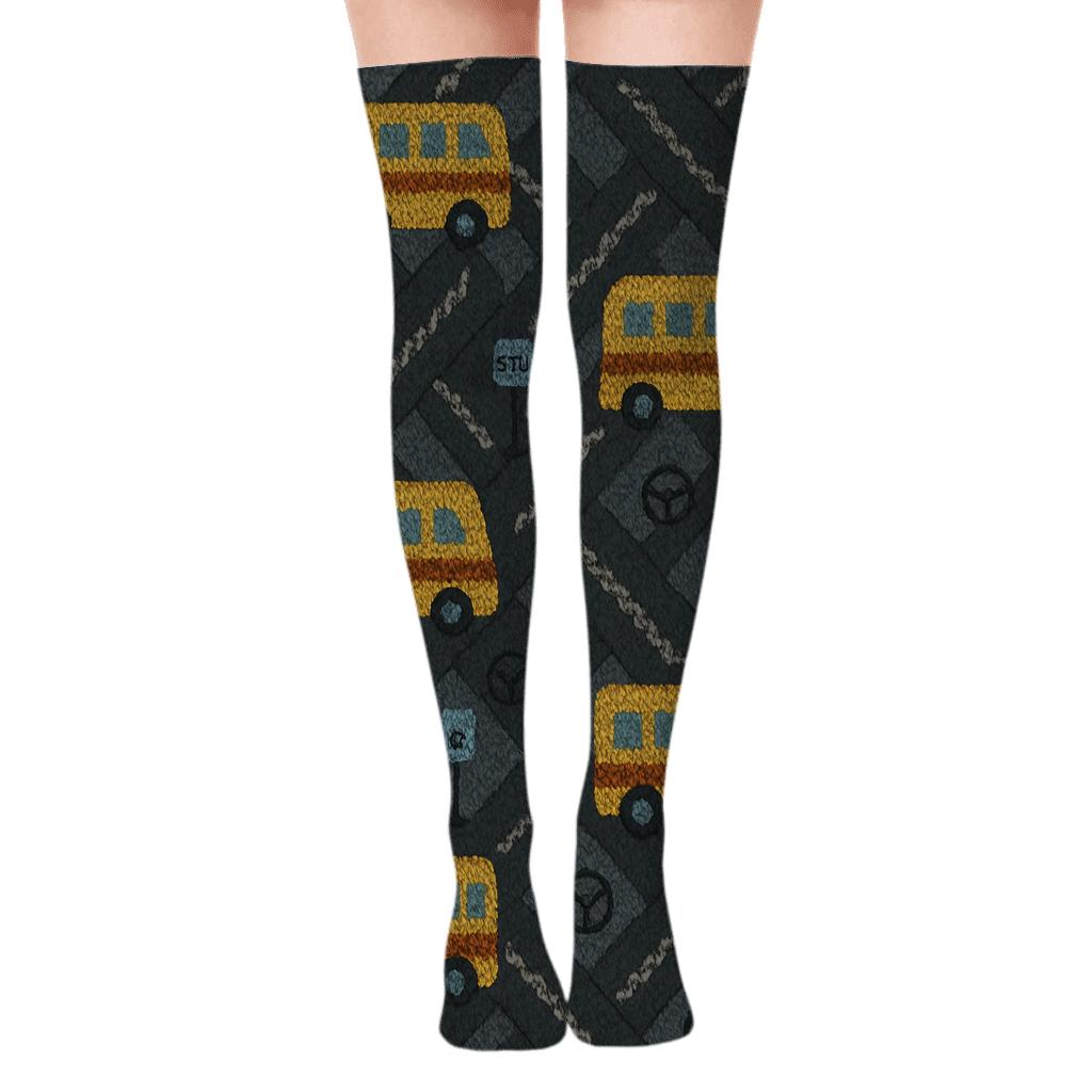 Knitted Road Weave Pattern For Bus Driver unique graphic over-the-knee socks