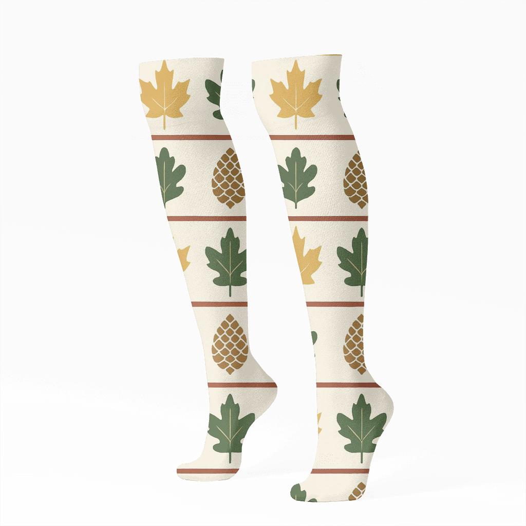 Minimal Leaf Silhouette Banded Print On Creamy Beige Background custom knee-high socks