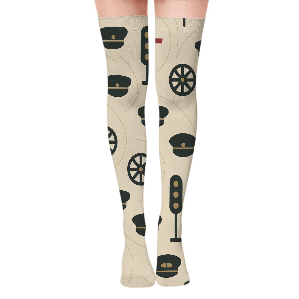 Signal And Hat Orbit Pattern With Train Conductor unique graphic over-the-knee socks
