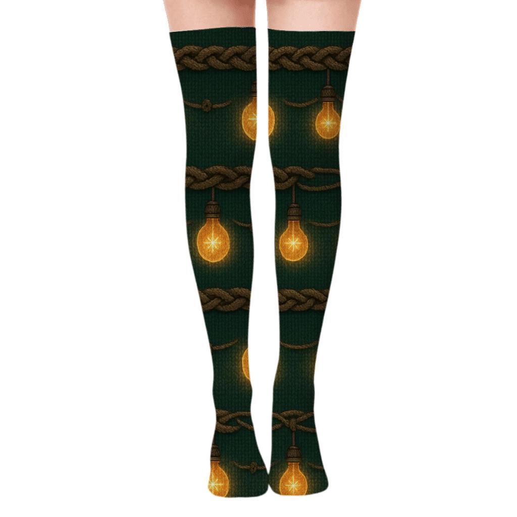 Warm Amber Garland Border Bands On Deep Evergreen unique graphic over-the-knee socks