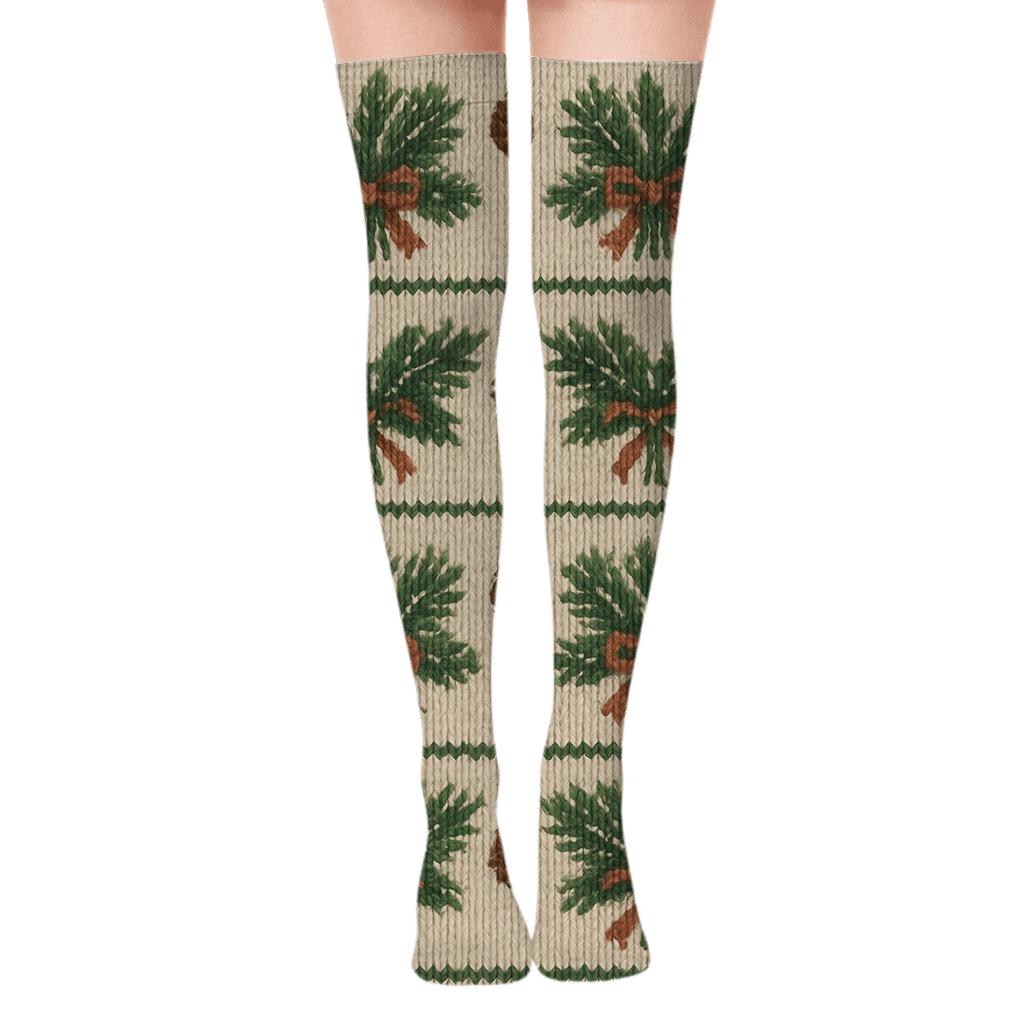 Nordic Knit Illusion Evergreen Branches Garland Bands unique graphic over-the-knee socks