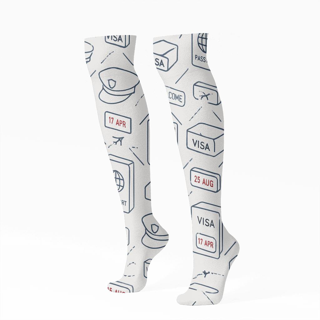 Passport Stamp Lattice With Immigration Officer Icons personalized knee-high socks