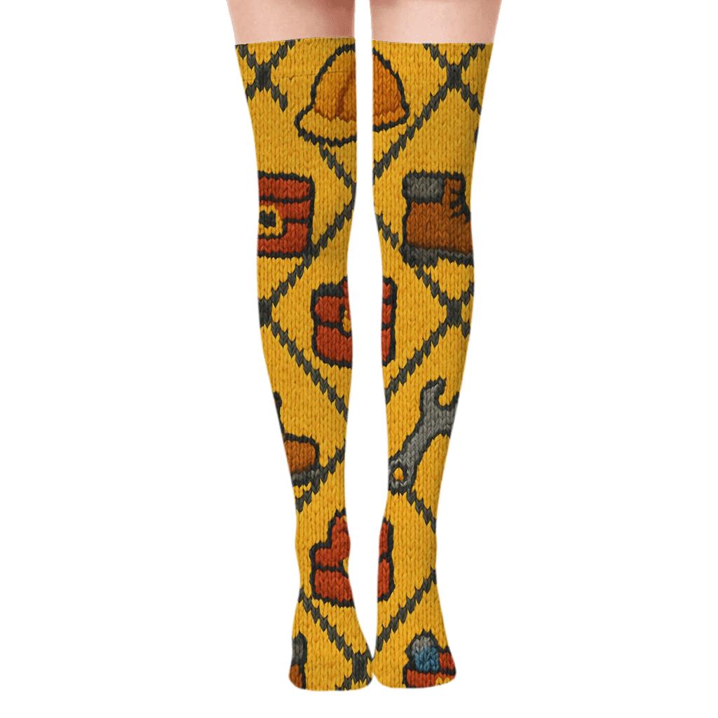 Knitted Pattern Illusion With Construction Worker Tool Icons soft everyday over-the-knee socks