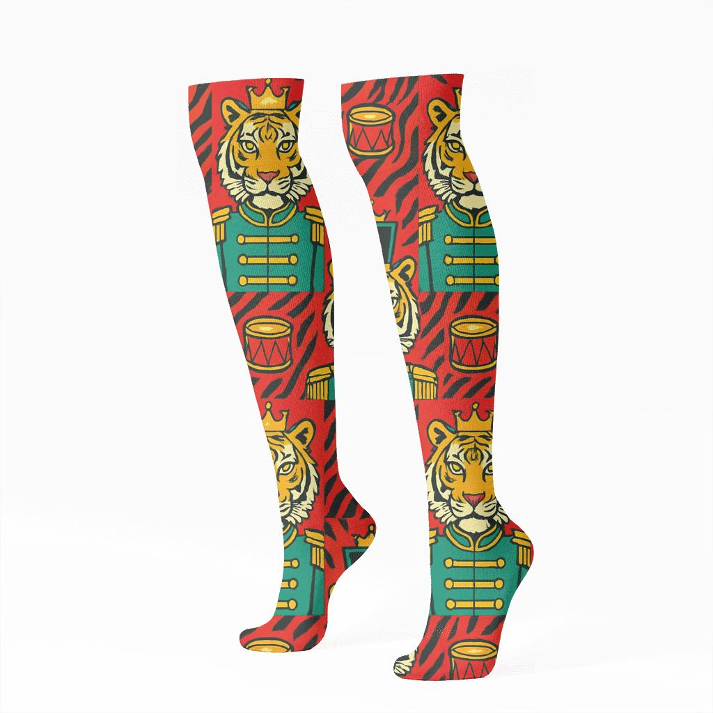 Nutcracker Tiger Stripe Grid On Crimson Background soft everyday knee-high socks