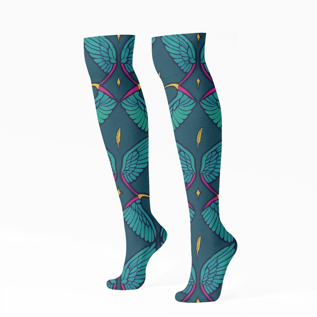 Hummingbird Wing Lattice On Teal Background trendy patterned knee-high socks