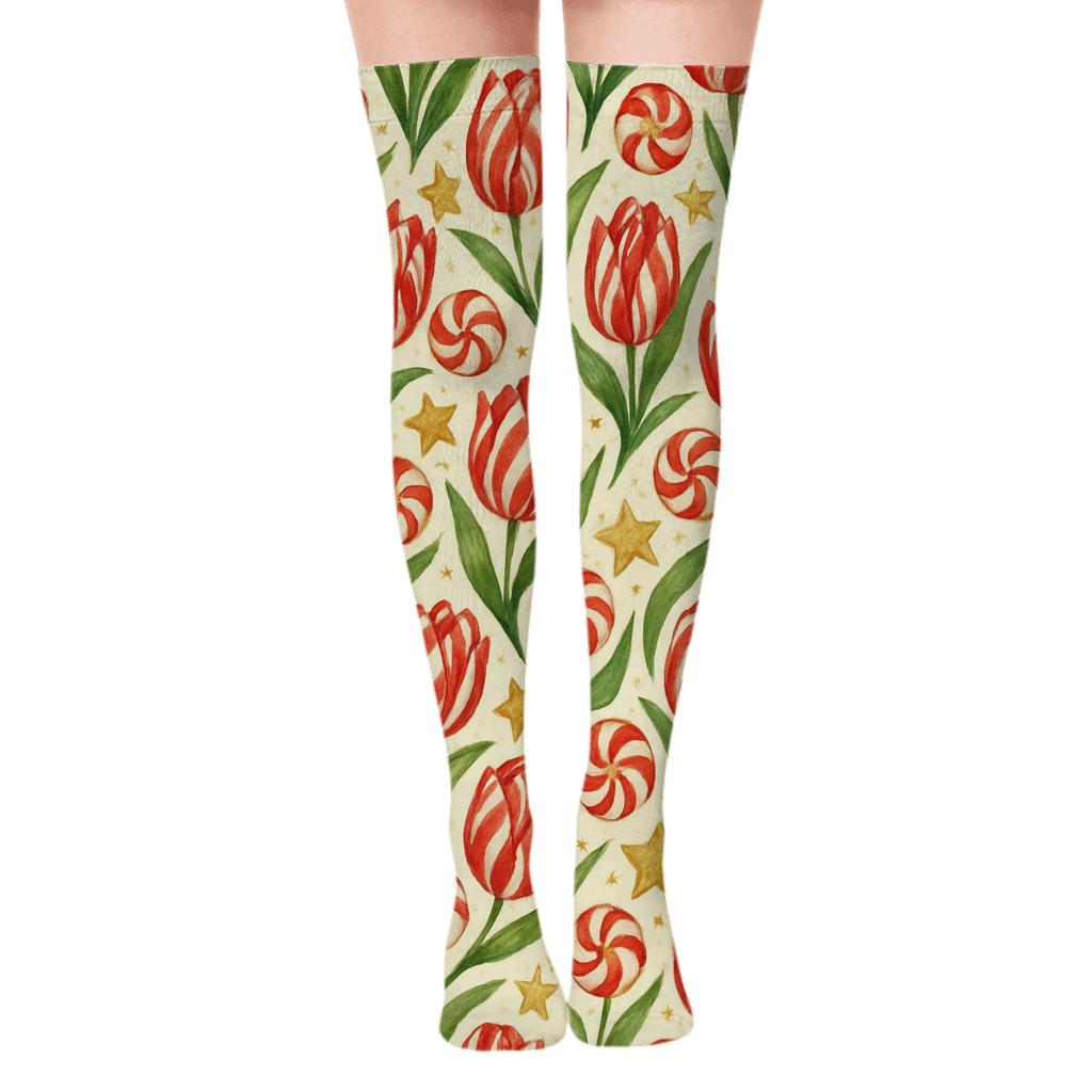 Watercolor Candy Cane Tulip Chevron On Ivory Background unique graphic over-the-knee socks