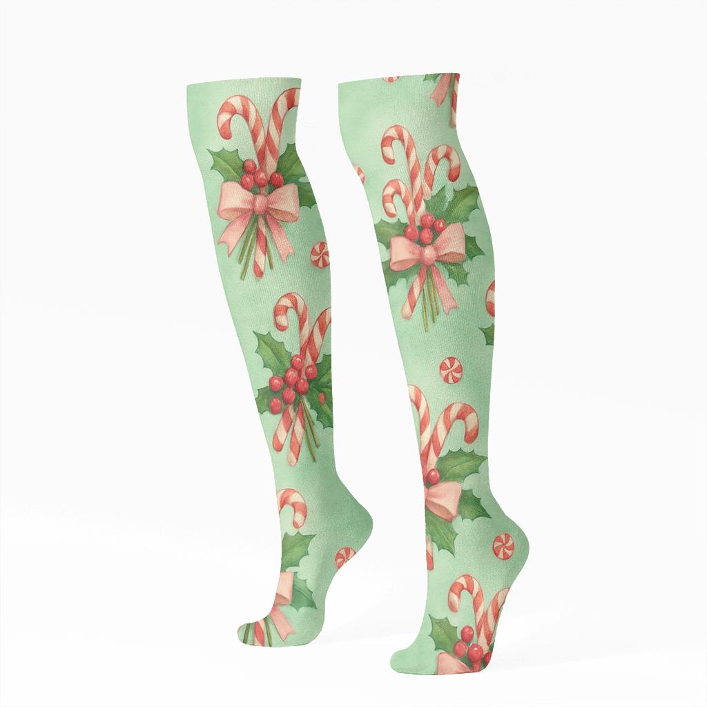 Candy Canes Bouquet Vignettes On Mint Background soft everyday knee-high socks