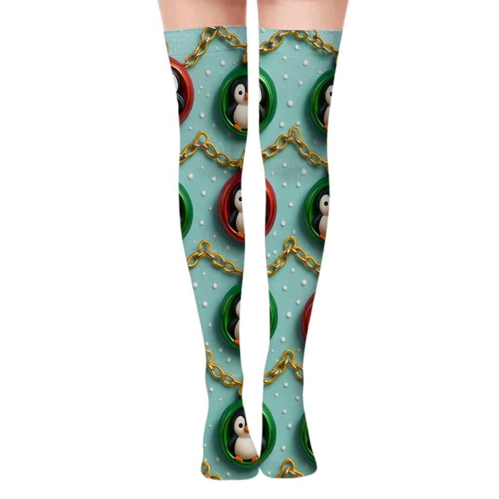 Penguin Ornament Chain Repeat On Frost Blue Background unique graphic over-the-knee socks