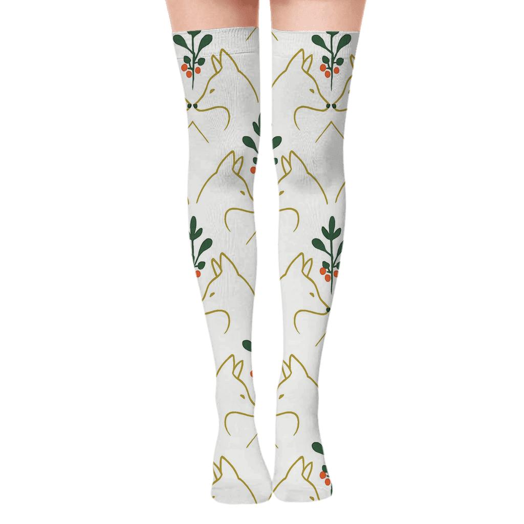 Mistletoe Fox Mirror Pair On White Background comfortable cotton over-the-knee socks