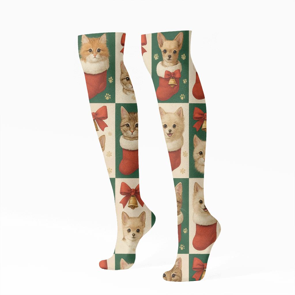 Holiday Pets In Stockings Checkered Repeat soft everyday knee-high socks