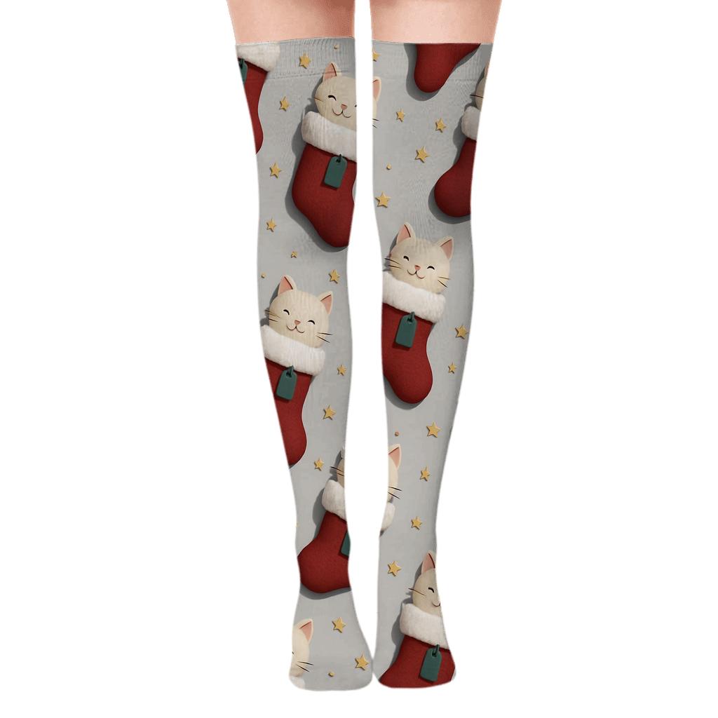 Cat Stocking Stuffer Diagonal Tessellation On Light Gray Background comfortable cotton over-the-knee socks