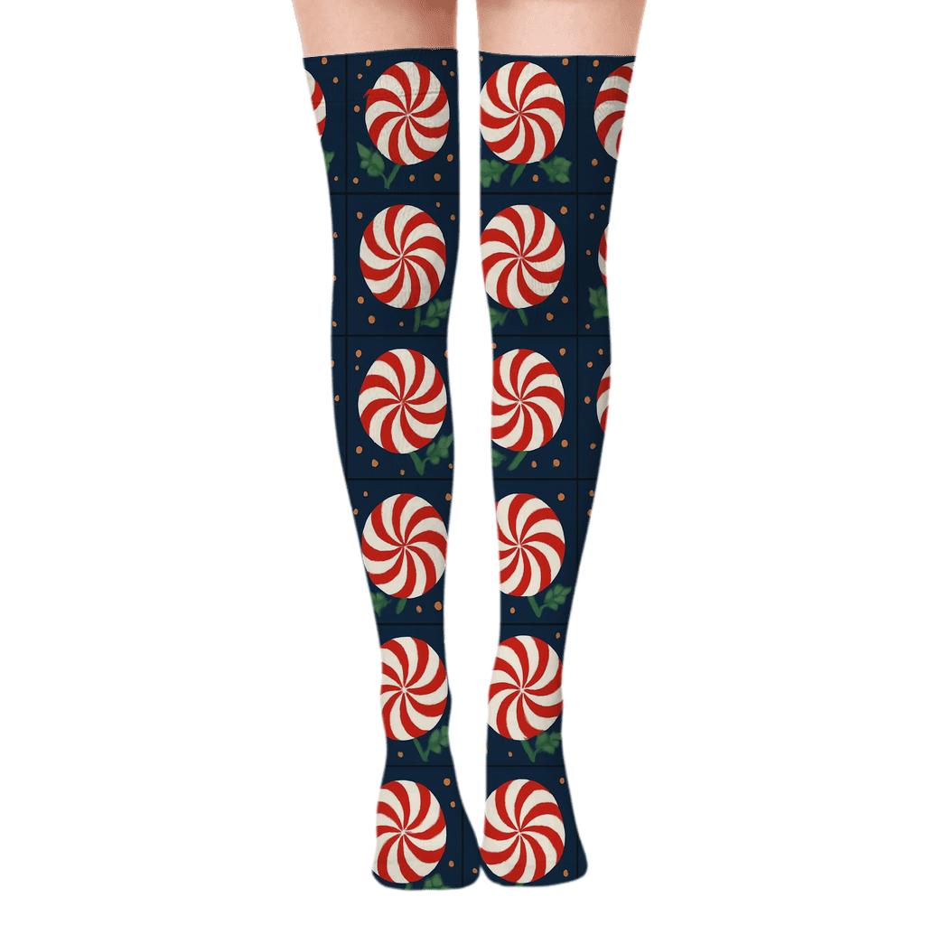 Candy Cane Spiral Grid For Christmas Nights stylish fashion over-the-knee socks