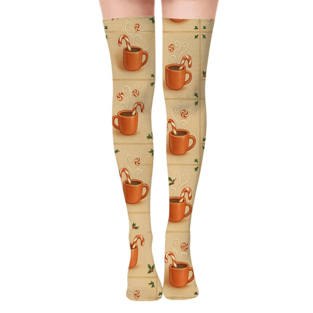Candy Canes Spotlight Scene With Cocoa Mugs designer print over-the-knee socks