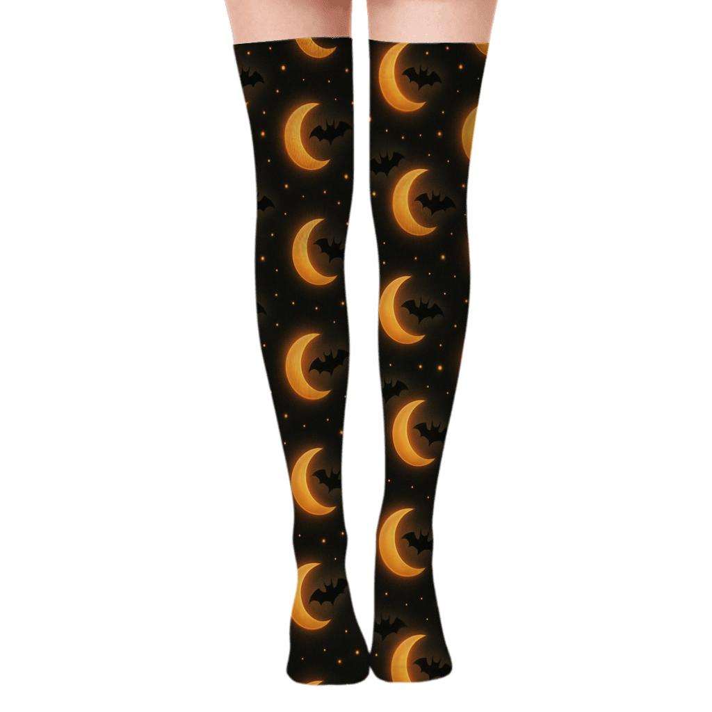 Orange Moon Glow And Bat Swarm Scatter On Black Background personalized over-the-knee socks