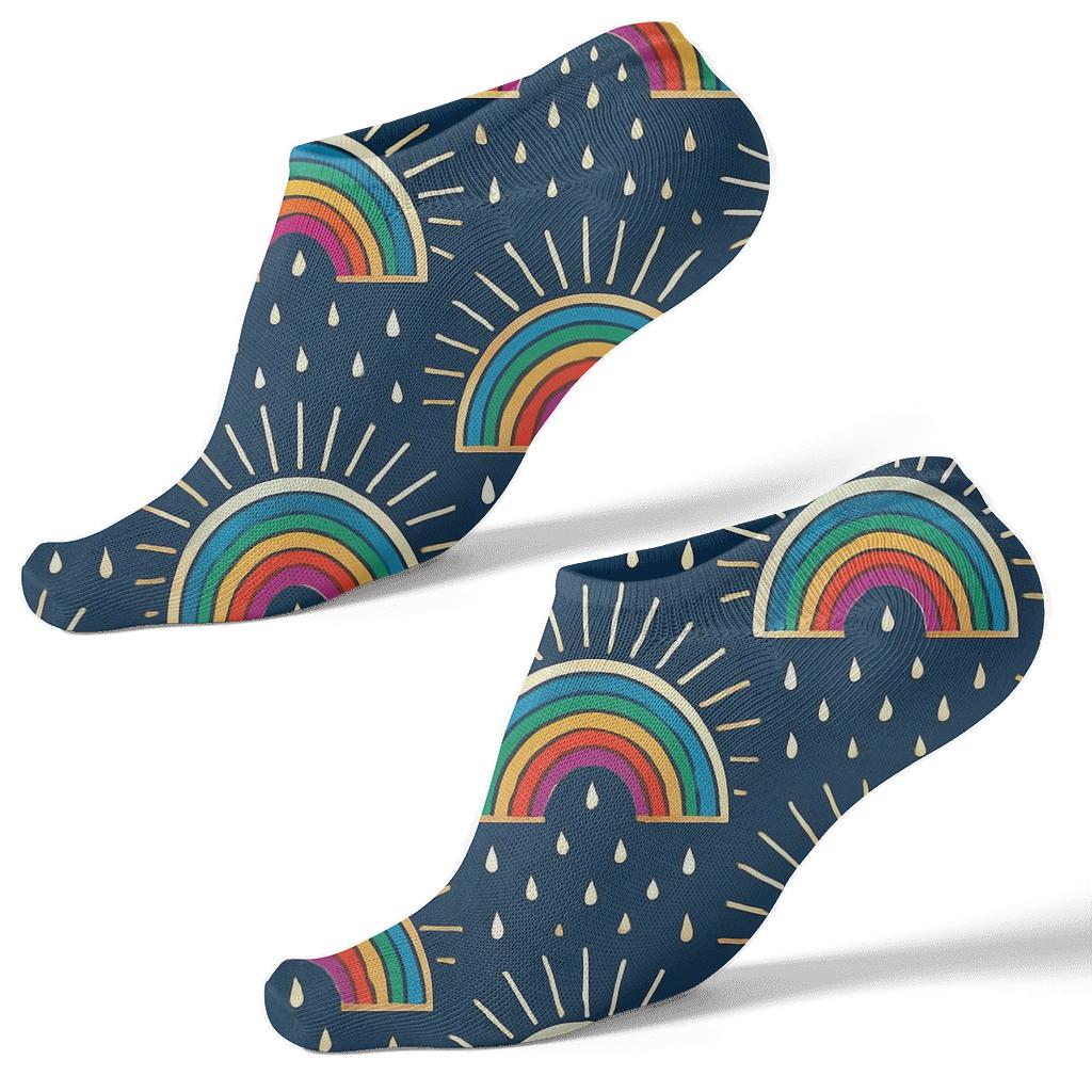 Rainbow Sunbeam Medallions On Deep Navy premium sports ankle socks