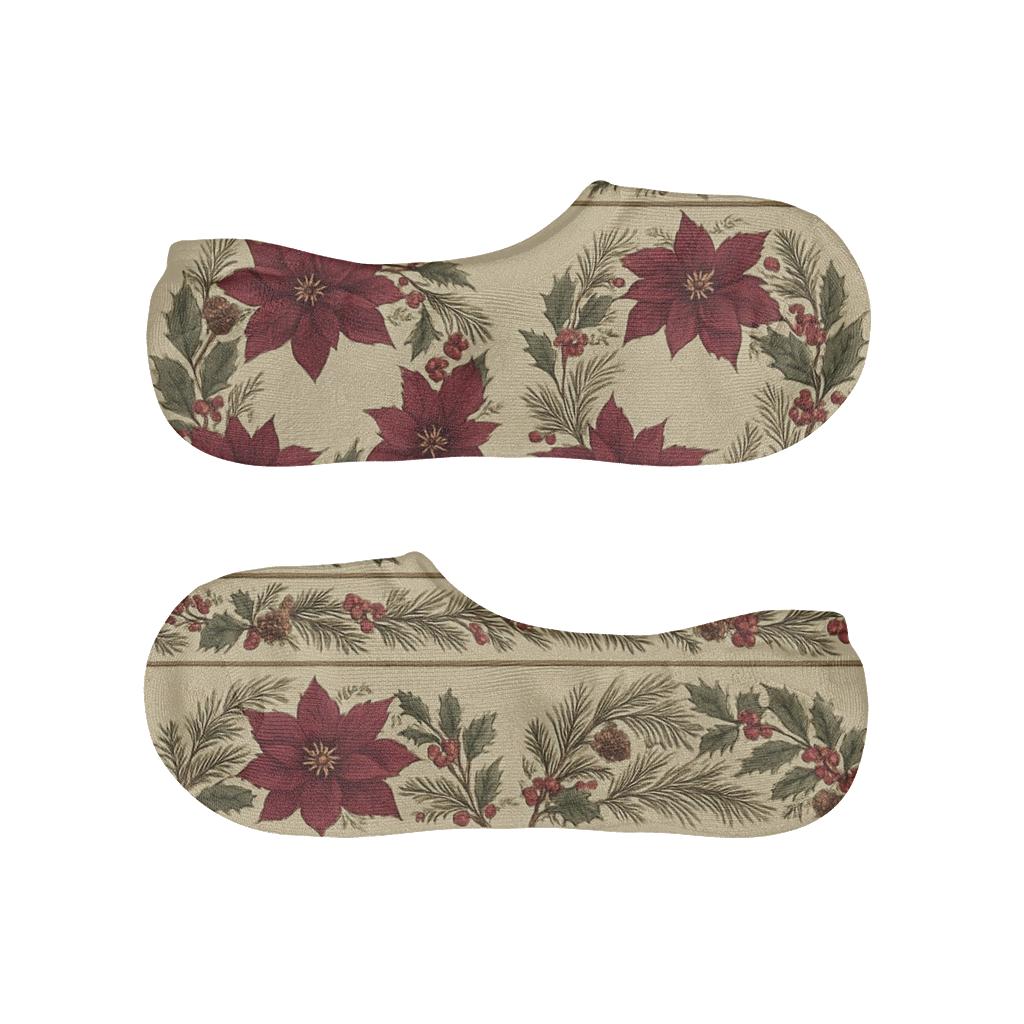 Ivory Botanical Poinsettia Wreath Stripe Bands breathable no-show socks
