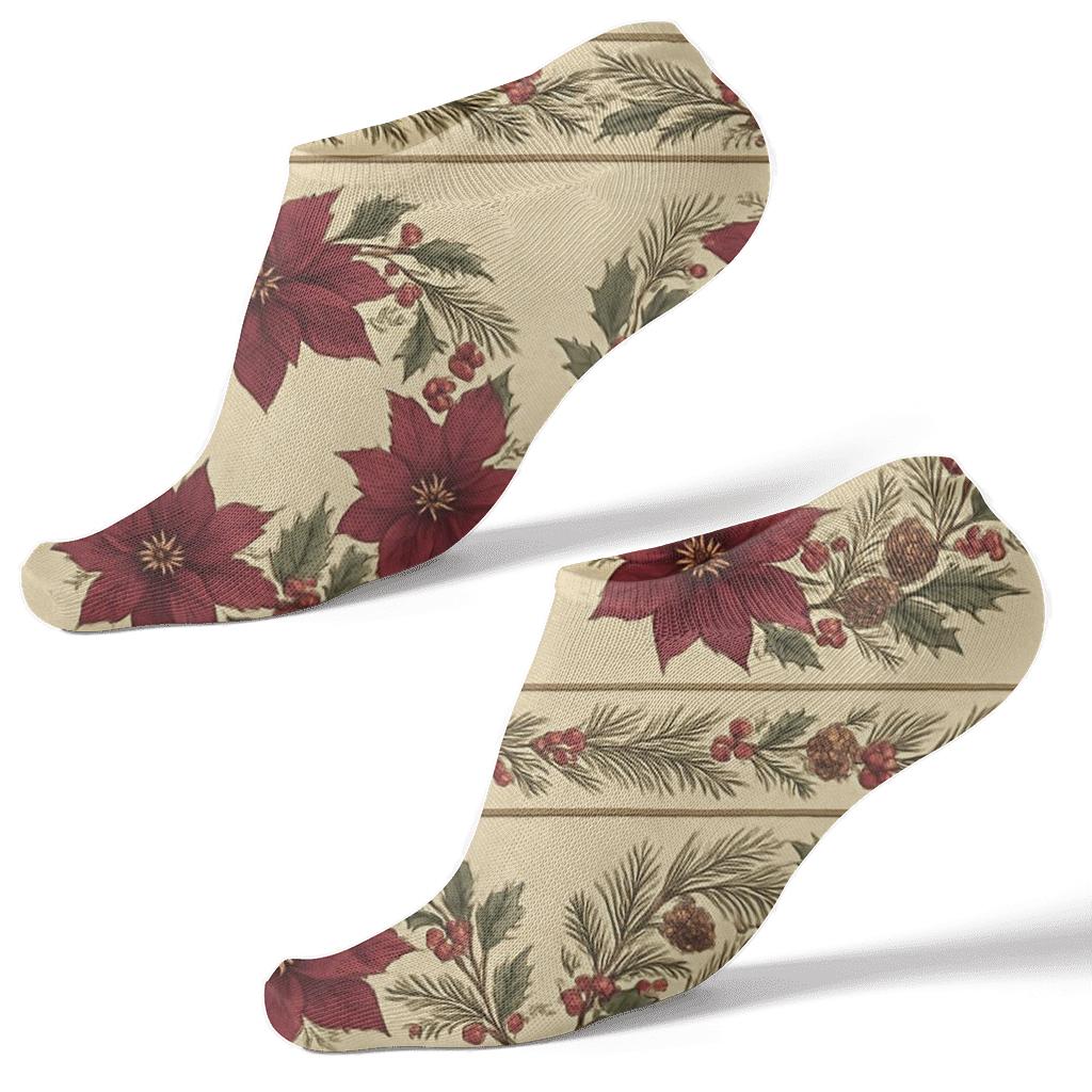 Ivory Botanical Poinsettia Wreath Stripe Bands designer print ankle socks