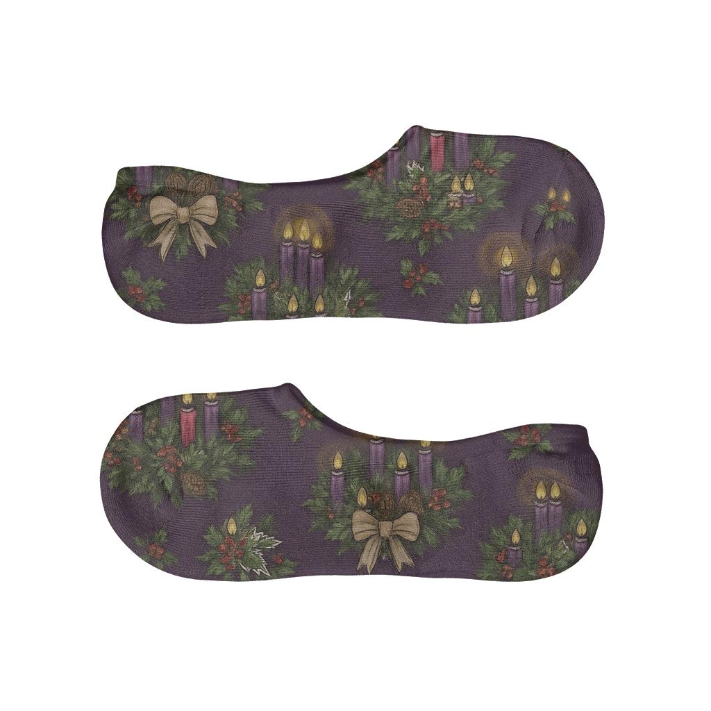Botanical Collage Advent Wreath Lattice On Deep Purple personalized no-show socks