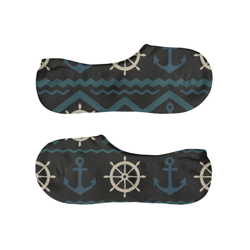 Harbor Night Ship Captain Wheel Chevron designer printed no-show socks