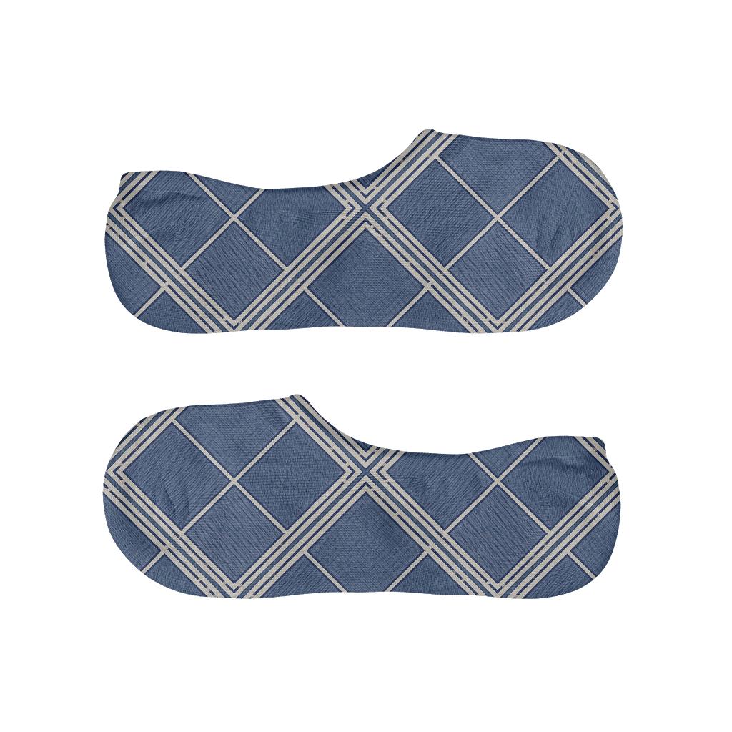 Indigo Diagonal Diamond Check With Micro Herringbone Tiles On Warm Ivory designer print no-show socks