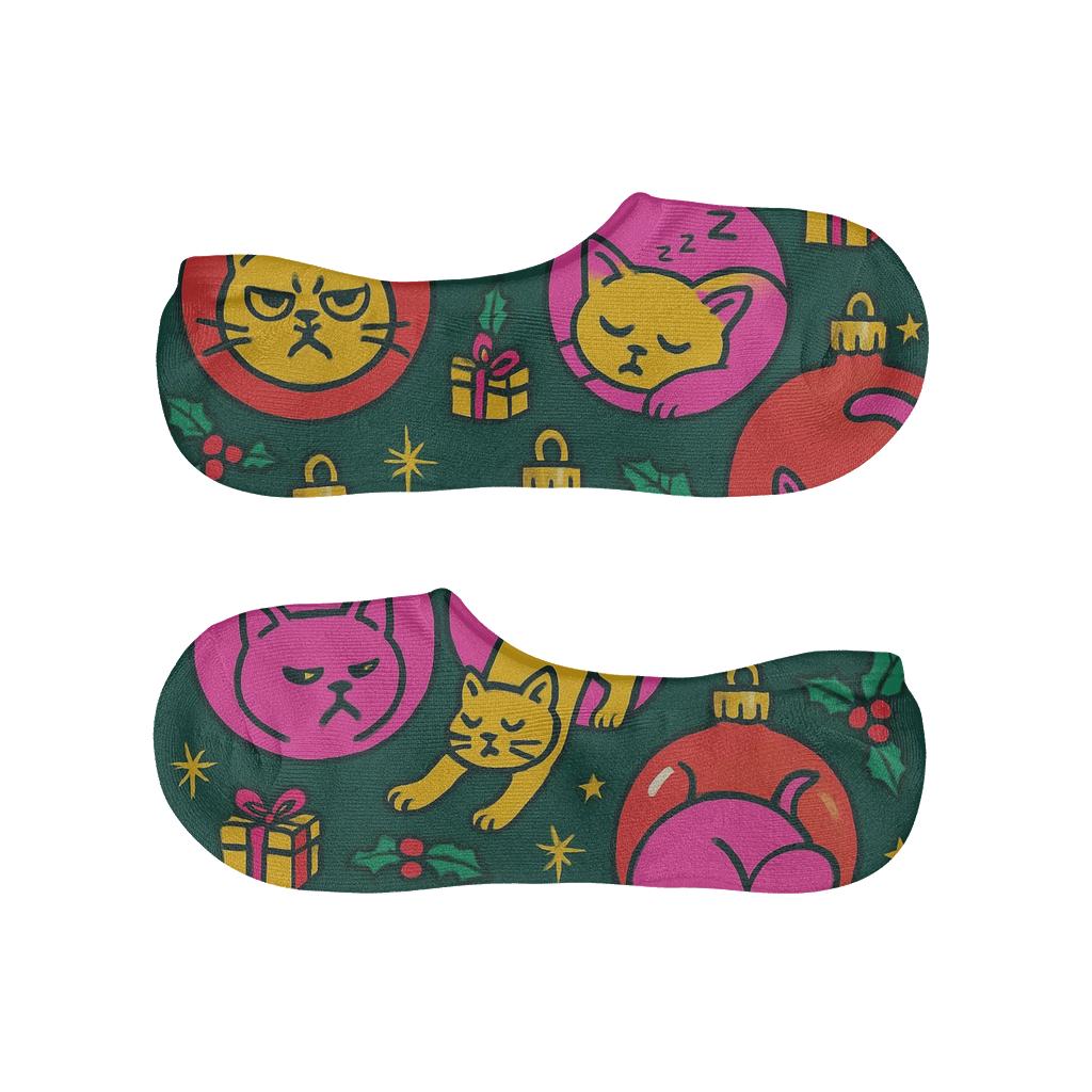 Pop Art Ornament Space Cats Scatter Grid On Deep Green Background trendy no-show sock styles
