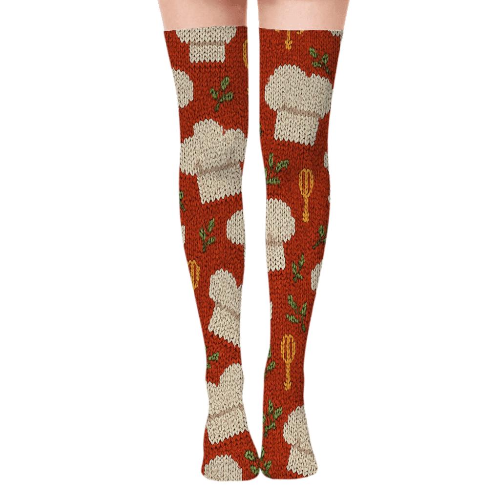 Chef Hat Lattice On Tomato Red Background unique graphic over-the-knee socks