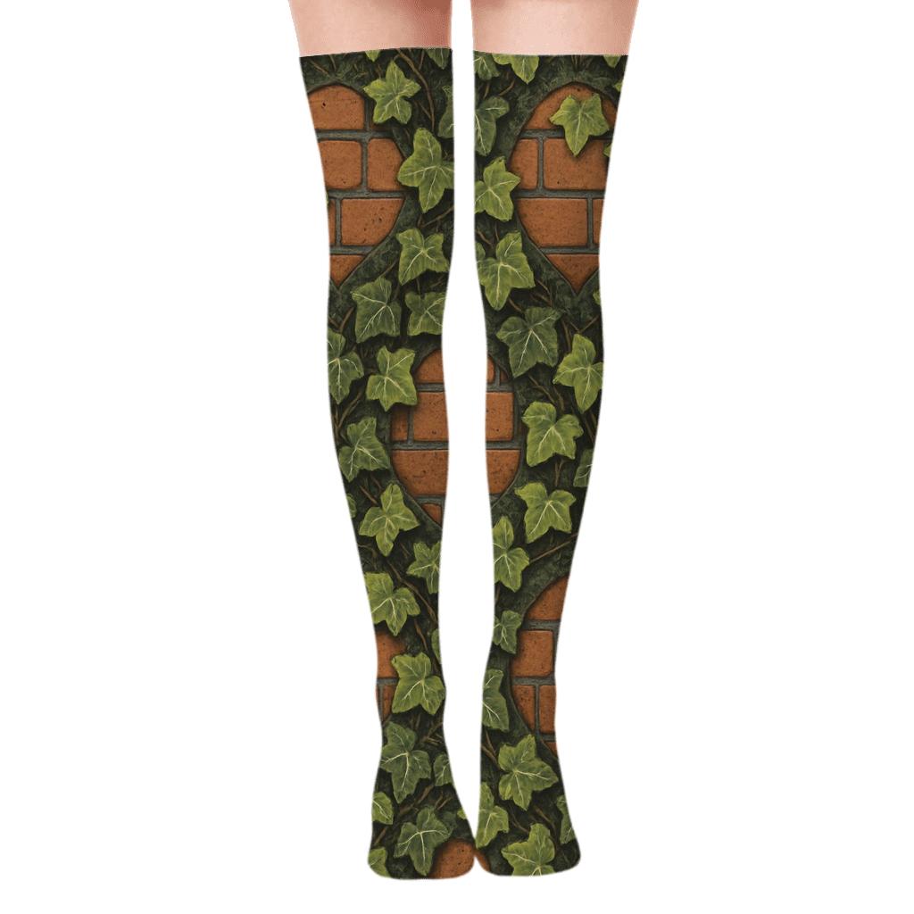 Ivy Covered Brick Medallion Tessellation On Warm Terracotta premium cozy over-the-knee socks