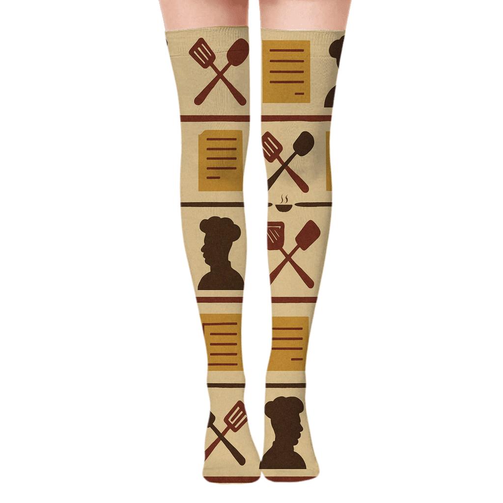 Utensil Parade With Chef Silhouette Bands trendy patterned over-the-knee socks