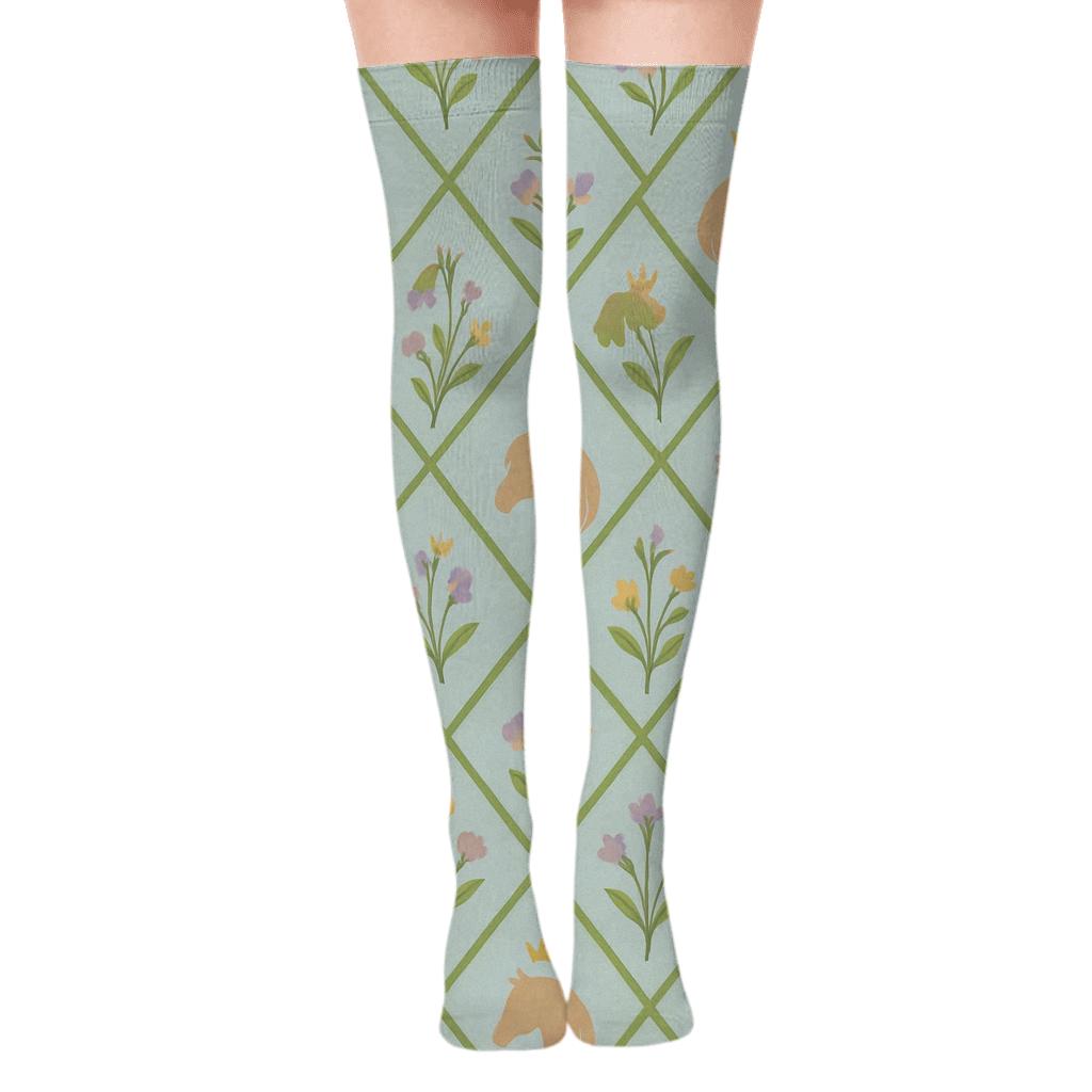 Botanical Lattice With Pony Silhouettes designer print over-the-knee socks