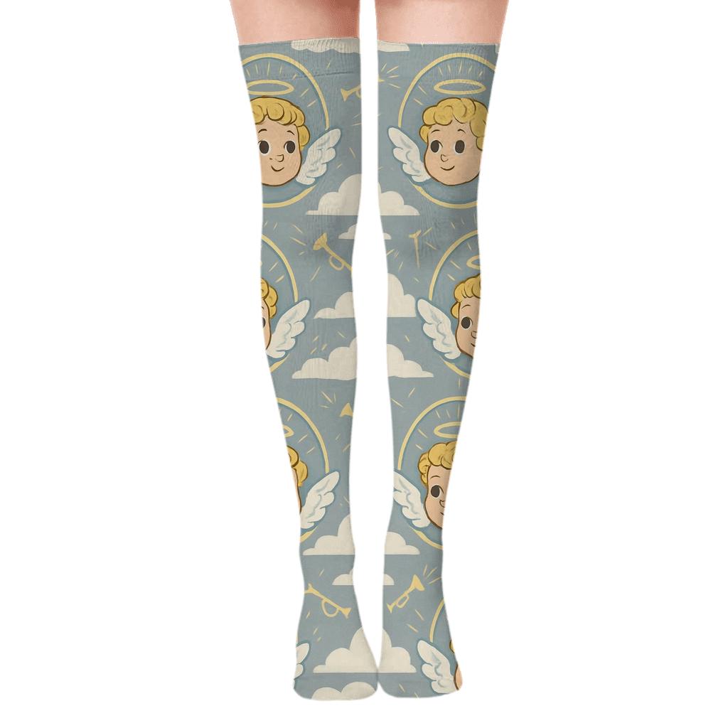 Angel Cherub Medallions On Dove Gray Cloud Strata unique graphic over-the-knee socks