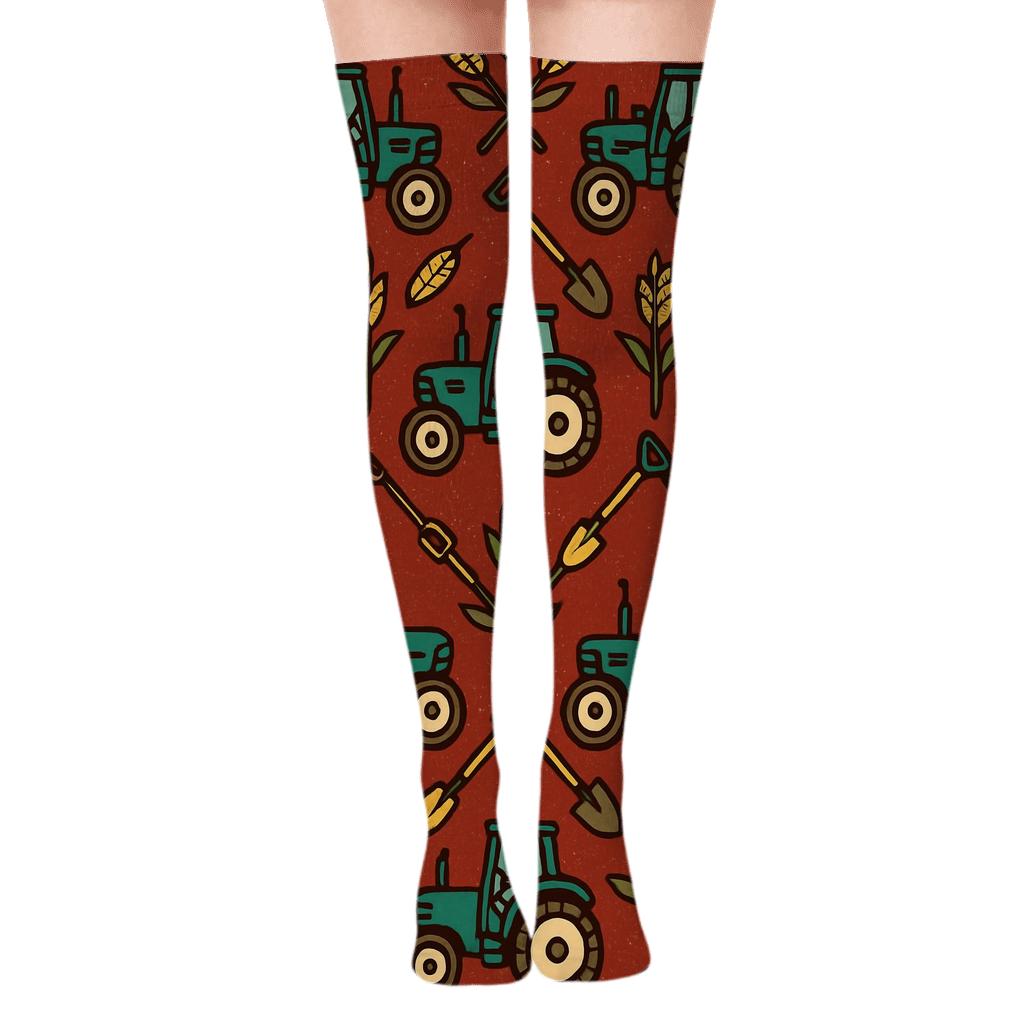 Farmer Tractor Lattice On Barn Red custom over-the-knee socks