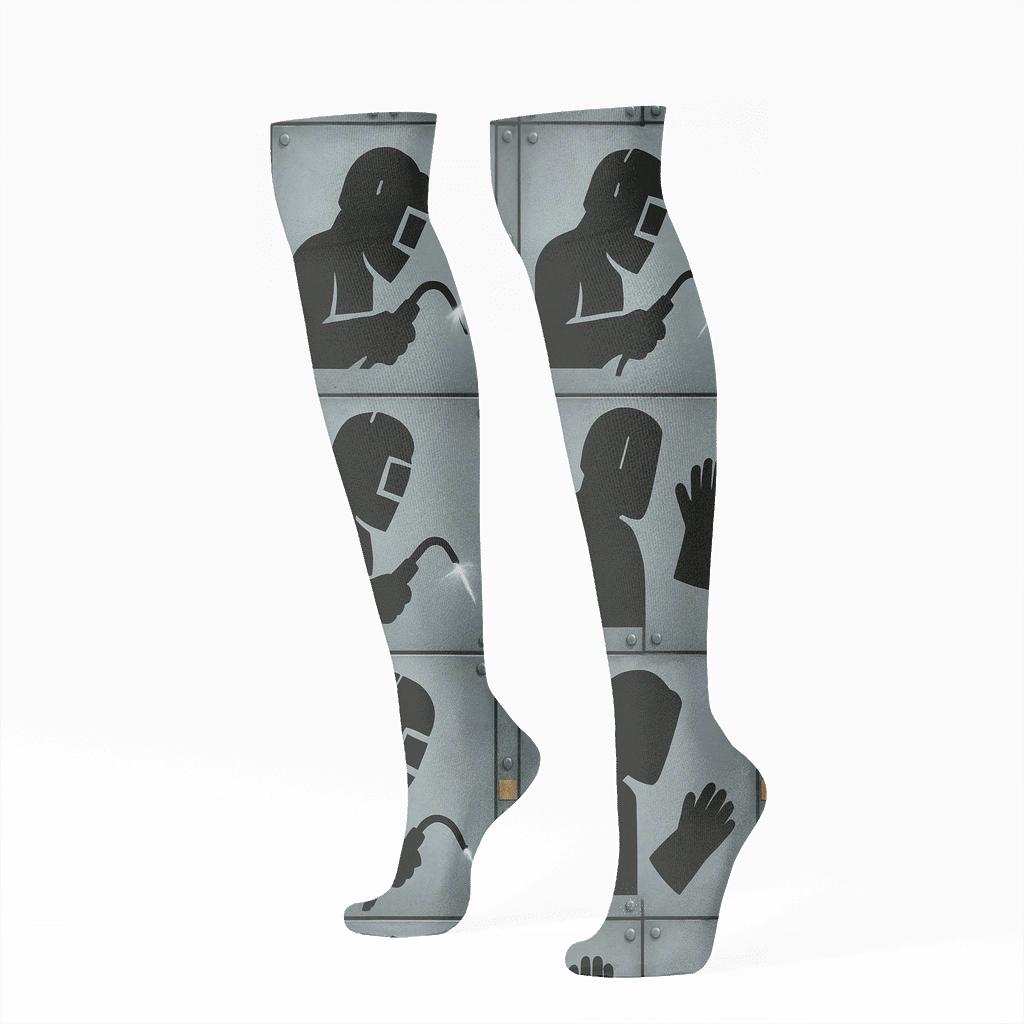 Steel Gray Panel Grid With Welder Silhouettes custom knee-high socks