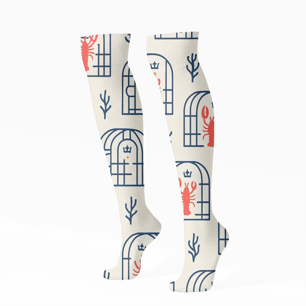 Nautical Grid With Lobster Traps On Ivory personalized knee-high socks