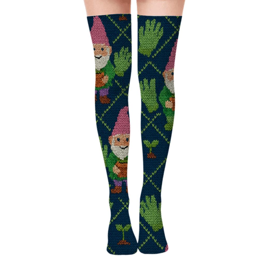 Knitted Gardener Gnome Tile Illusion premium cozy over-the-knee socks